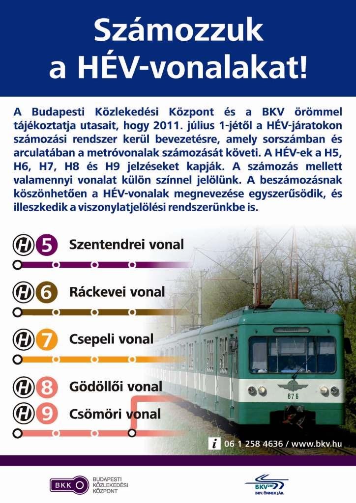 A Budapesti Közlekedési Központ és a BKV örömmel tájékoztatja utasait, hogy 2011. július 1-jétől a HÉV-járatokon számozási rendszer kerül bevezetésre, amely sorszámban és arculatában a metróvonalak számozását követi. A HÉV-ek a H5, H6, H7, H8 és H9 jelzéseket kapják. A számozás mellett valamennyi vonalat külön színnel jelölünk. A beszámozásnak köszönhetően  HÉV-vonalak megnevezése egyszerűsödik, és illeszkedik a viszonylatjelölési rendszerünkbe is.